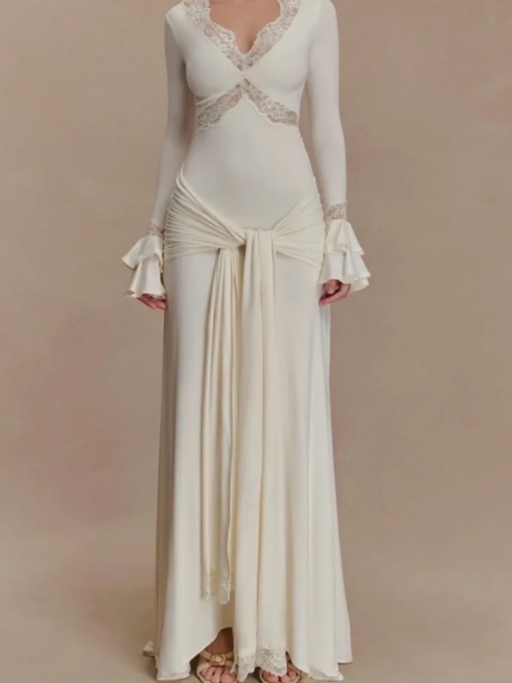 Beautiful MESHKI Electra Slinky Lace Maxi Dress in Ivory
